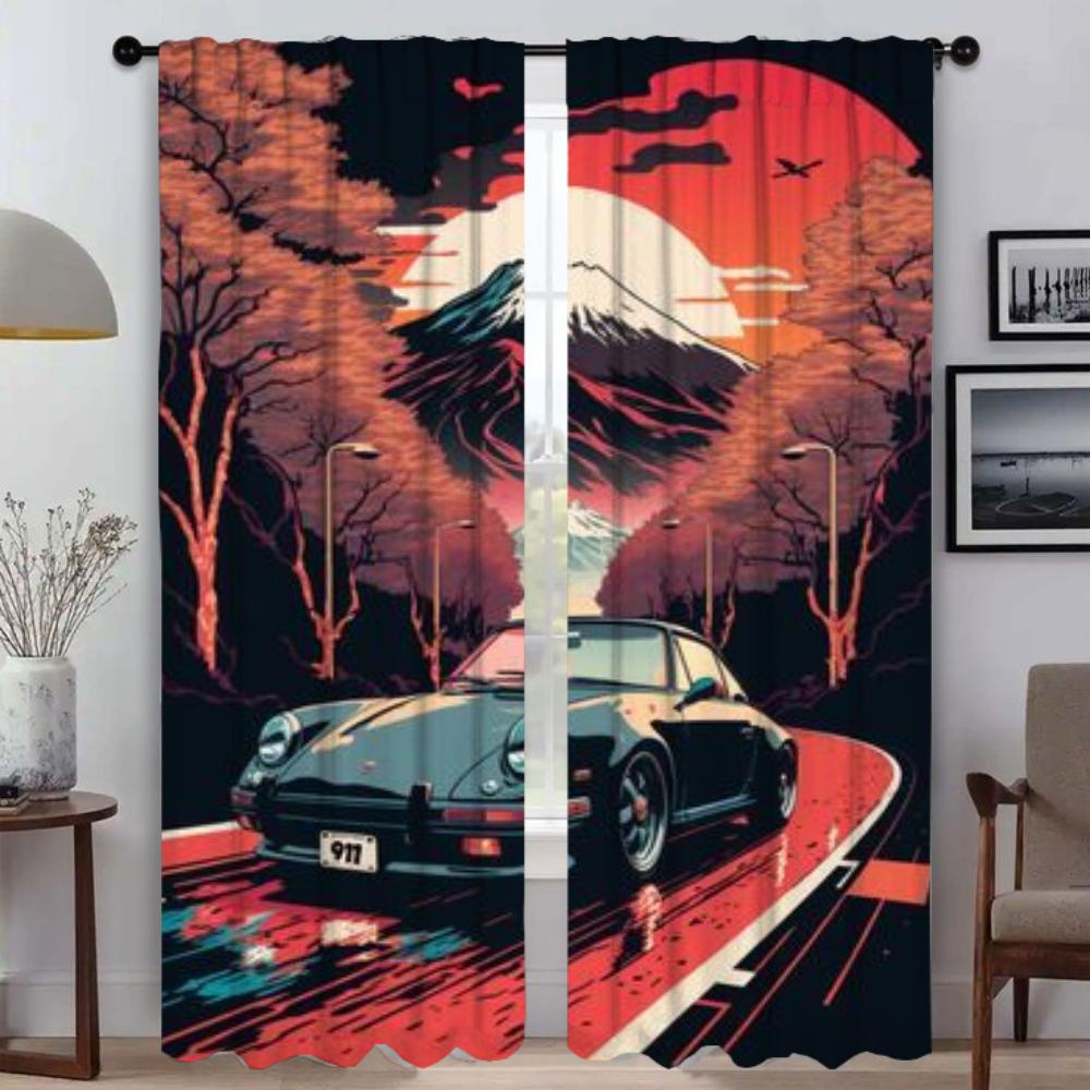Kitchen Curtains for Living Room Car In the Sun Home Interior Curtains 2 Pieces Tulle for Bedroom Halloween Decoration Partition