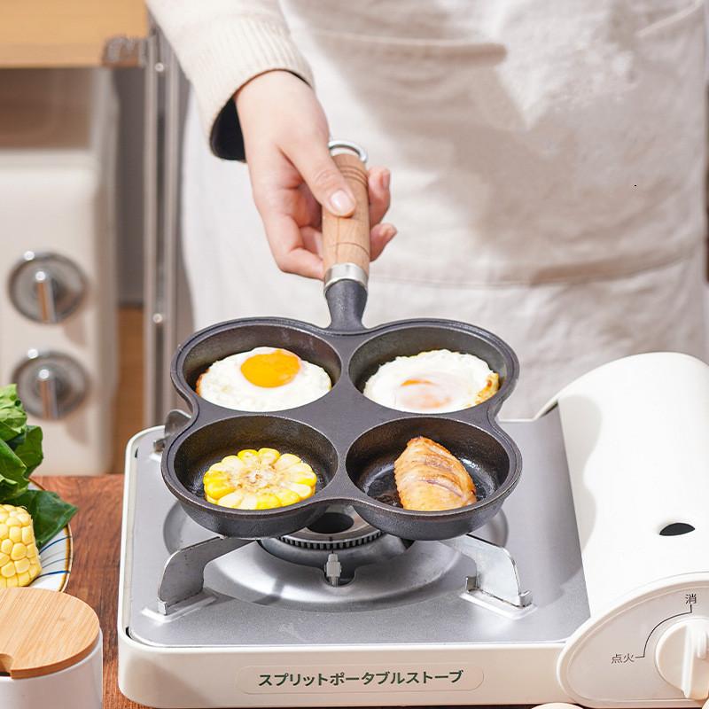 4-Loch Antihaft-Gusseisen Omelett Bratpfanne Stielpfanne Pfannkuchen Kochtopf Küchenzubehör für Gas-/Induktionsherd Universal
