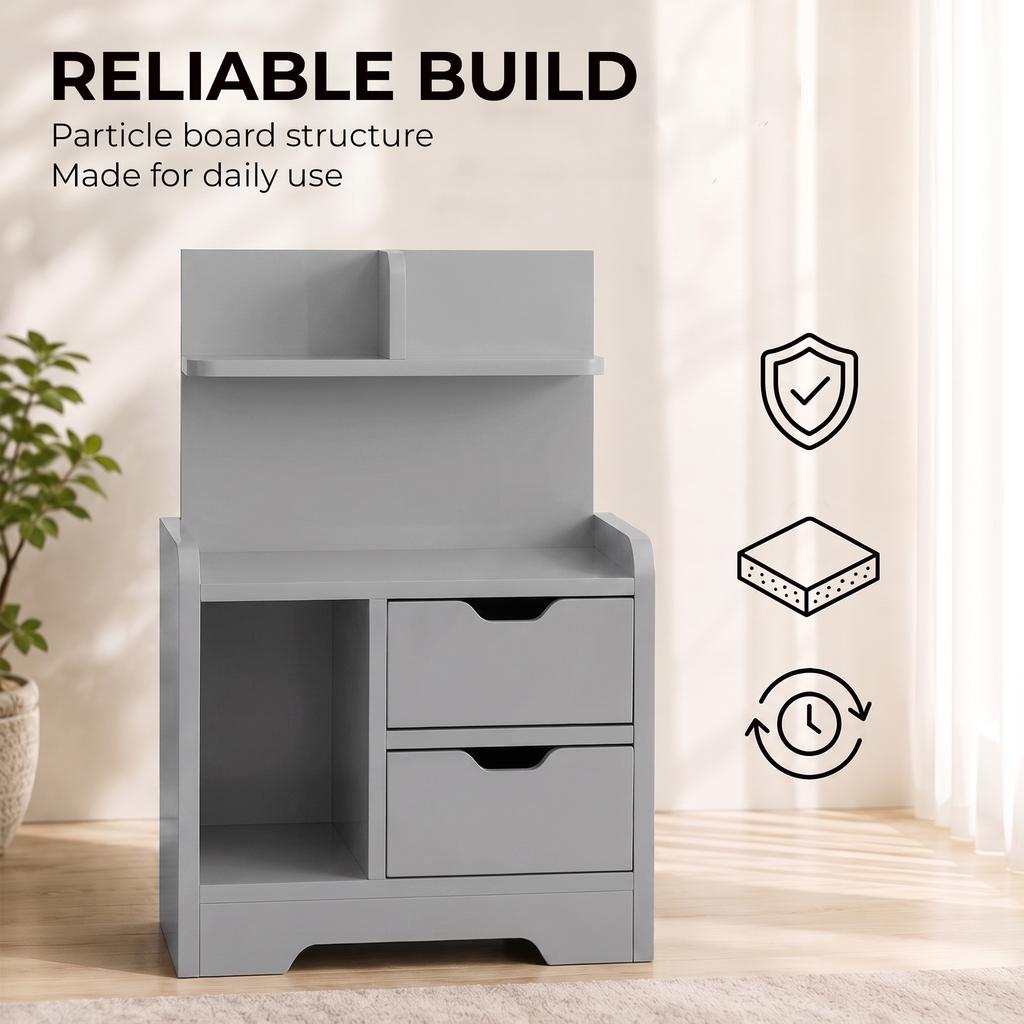 Bedside Table, Small Bedside Cabinet with 2 Drawers and Storage Shelves, Modern Nightstand for Bedroom, Grey