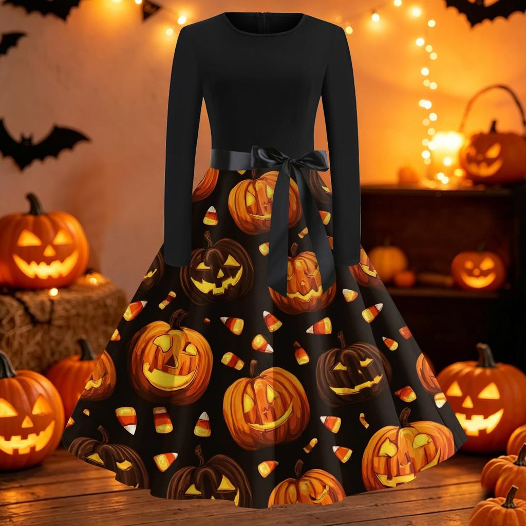 Women's Casual Long Sleeve Halloween Dress Fit and Flare Round Neck Dress with Printed Skirt and Waist Tie for Fall and Party