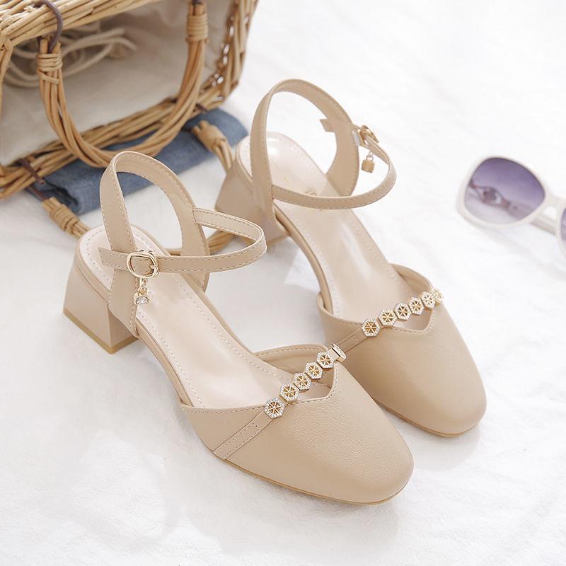 Sandals Women's One-word Button Square Head Thick Heel Middle Heel with Skirt
