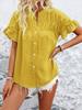 1116 European and American women's clothing casual short-sleeved pleated shirt button solid color cotton and linen stand-up collar shirt women