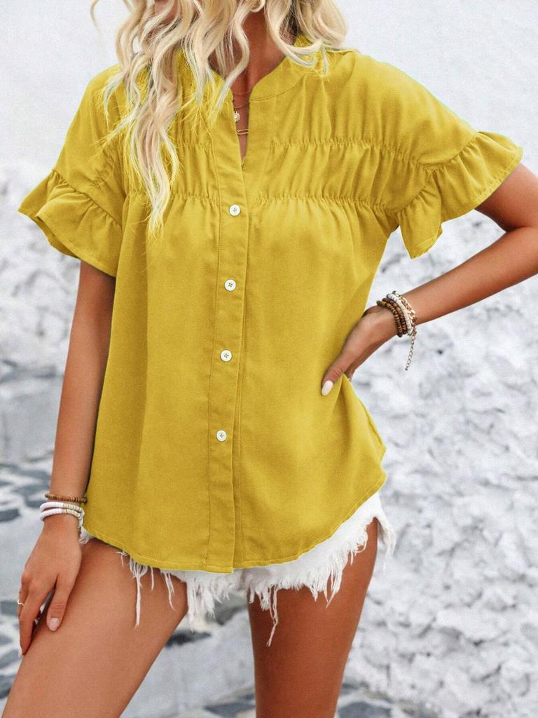 1116 European and American women's clothing casual short-sleeved pleated shirt button solid color cotton and linen stand-up collar shirt women