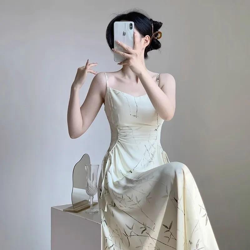 Women's Cream Spaghetti Strap Midi Square Neck Ruched Waist Abstract Line Print Elegant Party Dress