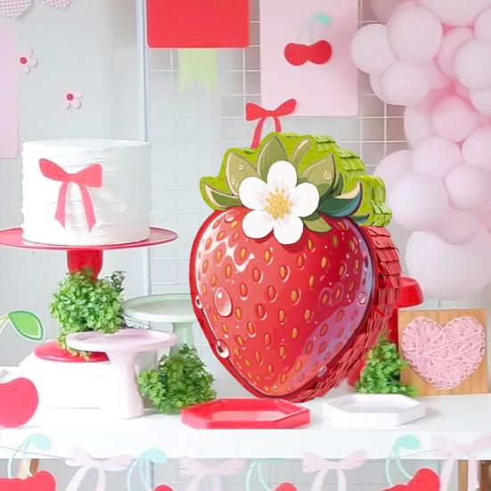 Strawberry Pinata Red Berry Pinata with Blindfold Bat Confetti Summer Fruit Themed Birthday Party Decoration for Kids Baby Shower Supplies