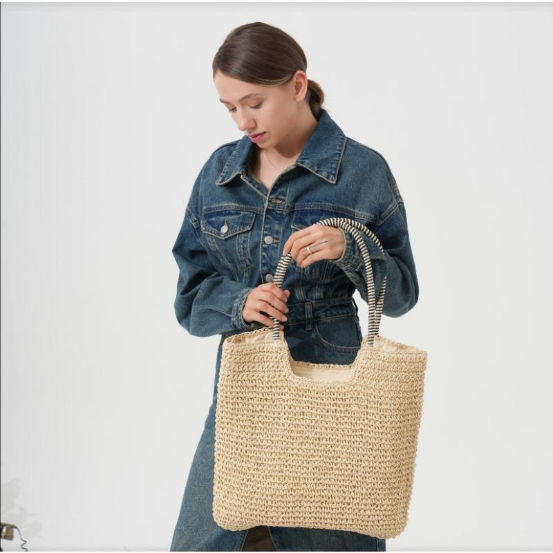 New large-capacity handmade shoulder woven bag versatile straw woven bag women's vacation beach tote bag portable women's bag