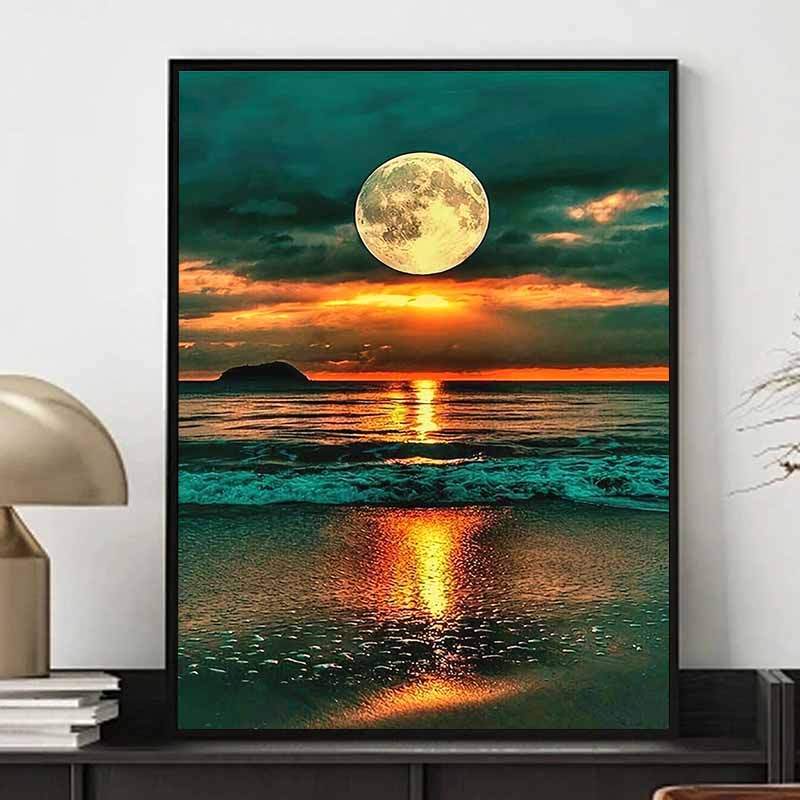 Новое поступление 5D DIY Полная круглая алмазная живопись  Луна над морем  Вышивка крестом Домашний декор Подарок 20x30cm