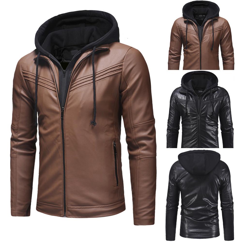 Men's Winter Casual Hooded Leather Zipper Long Sleeve Jacket Coat Tops