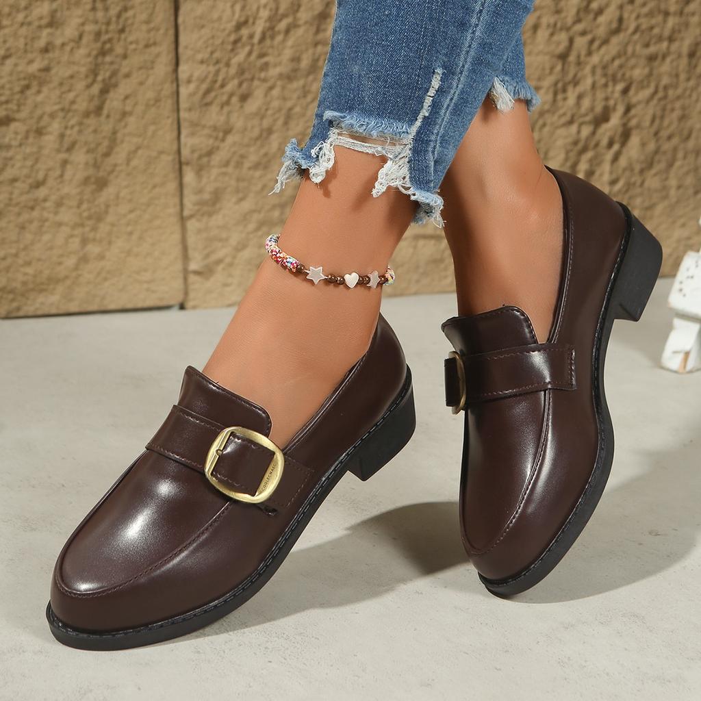 43 Plus Size Metal Buckle Small Leather Shoes Women's 2025 Autumn New Thick Heel Low Top