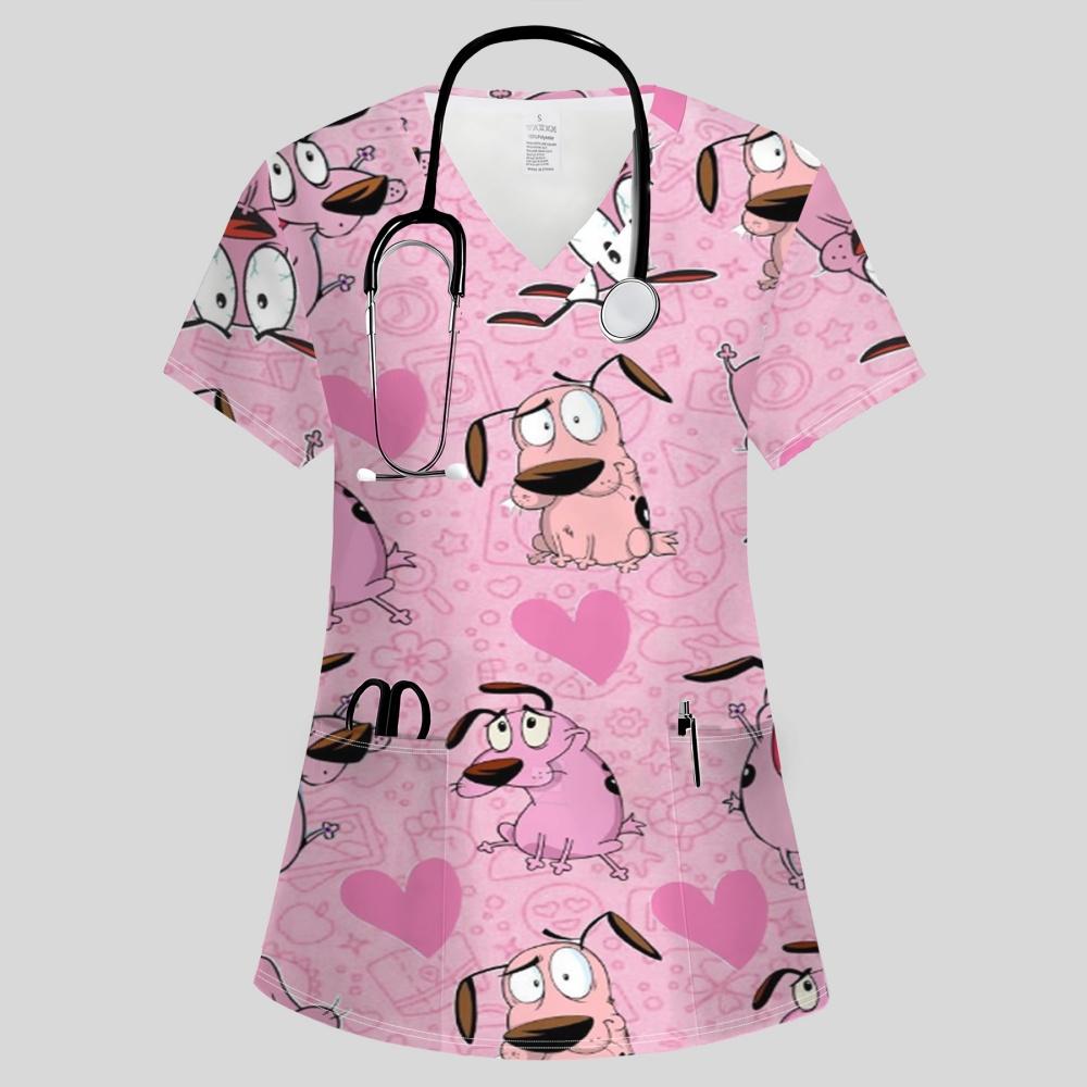 Clinical Uniform Woman Fashion V-Neck Vibrant Pockets T-Shirt Cute Cartoon Print Tops Summer Comfortable Vet Nurse Uniform Woman