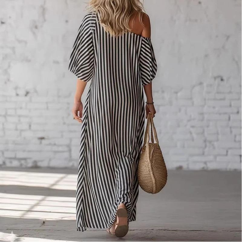 Sommer Neu Damen Elegant Gestreift Mode Vielseitig Lässig Schulterfreies Kleid