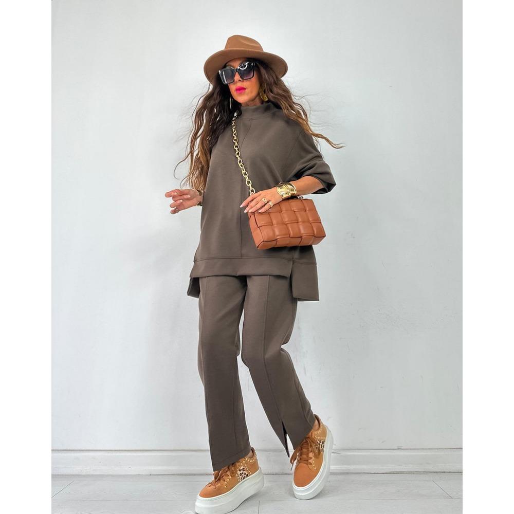 New Autumn and Winter Women's Fashion Casual Set, Solid Color Long-sleeved Shirt and Long Pants Split Two-piece Set