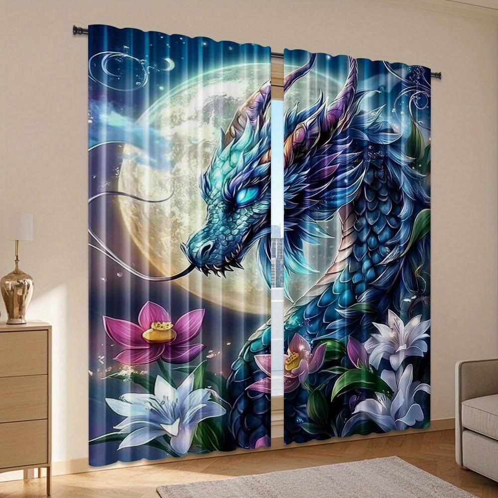 2pcs   Dragon Pattern Curtains Polyester Light Filtering Rod Pocket Design for Bedroom Living Room Office Home Decoration Easy In
