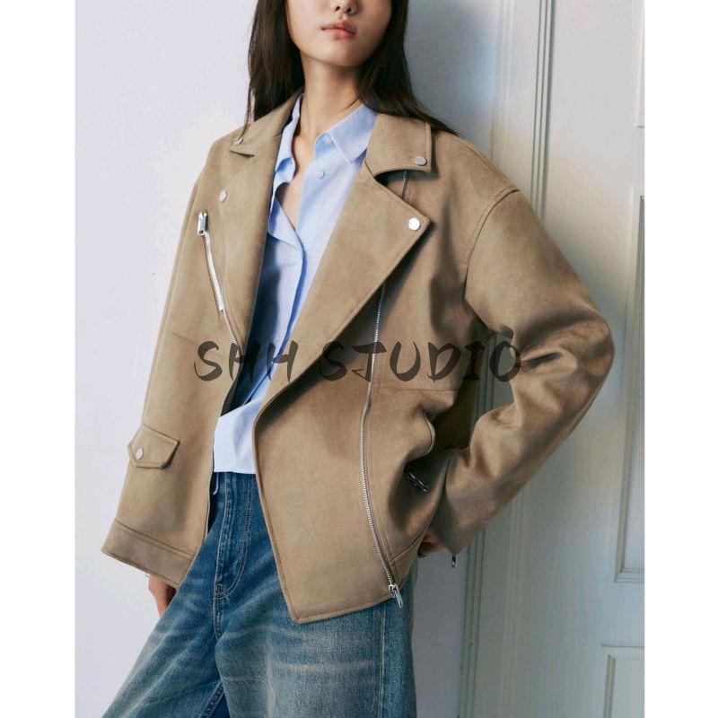Fall New Women's Clothing Fashion Wind Loose Zip Suede Effect Motorcycle Jacket 3046284