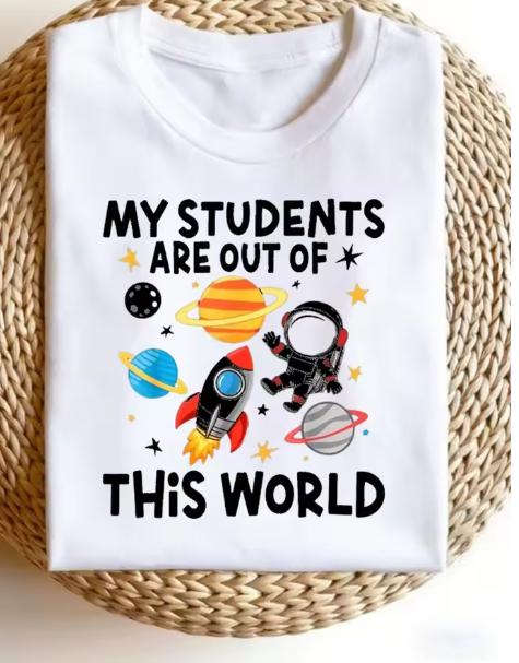 My Students Are Out Of This World Teacher T-shirt for Women Cute Astronaut Outer Space Star Print Round Neck Short Sleeve Science Teacher Tops
