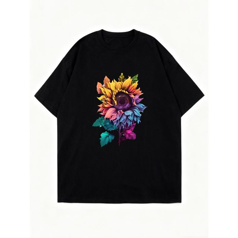 Übergroßes T-Shirt-Kleid Schwarz Regenbogen Sonnenblumen-Print Lässiger Streetwear-Stil