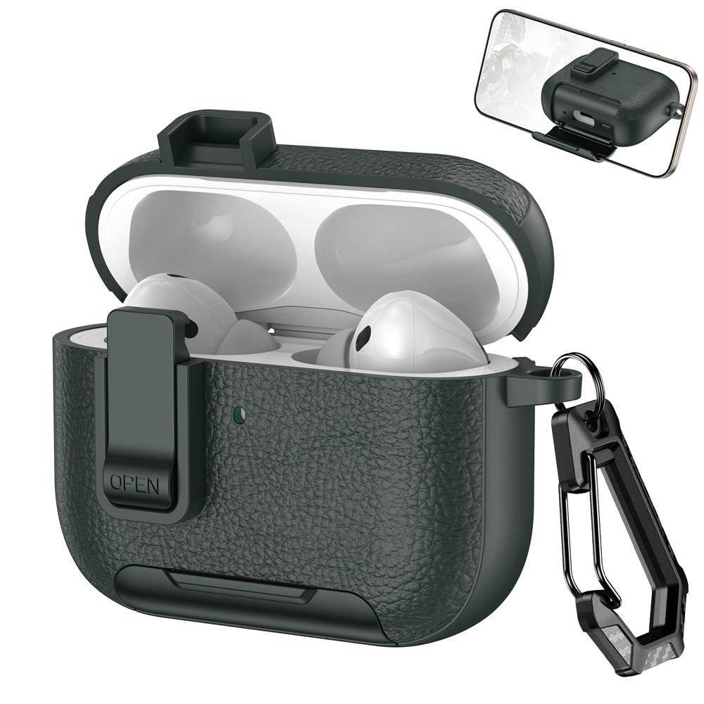 KEYSION with Carabiner Lock Phone Stand Protective Earphone Case for AirPods Pro 3 Pro 2 Soft TPU+PC Shockproof Cover for AirPods 4 3 2 1