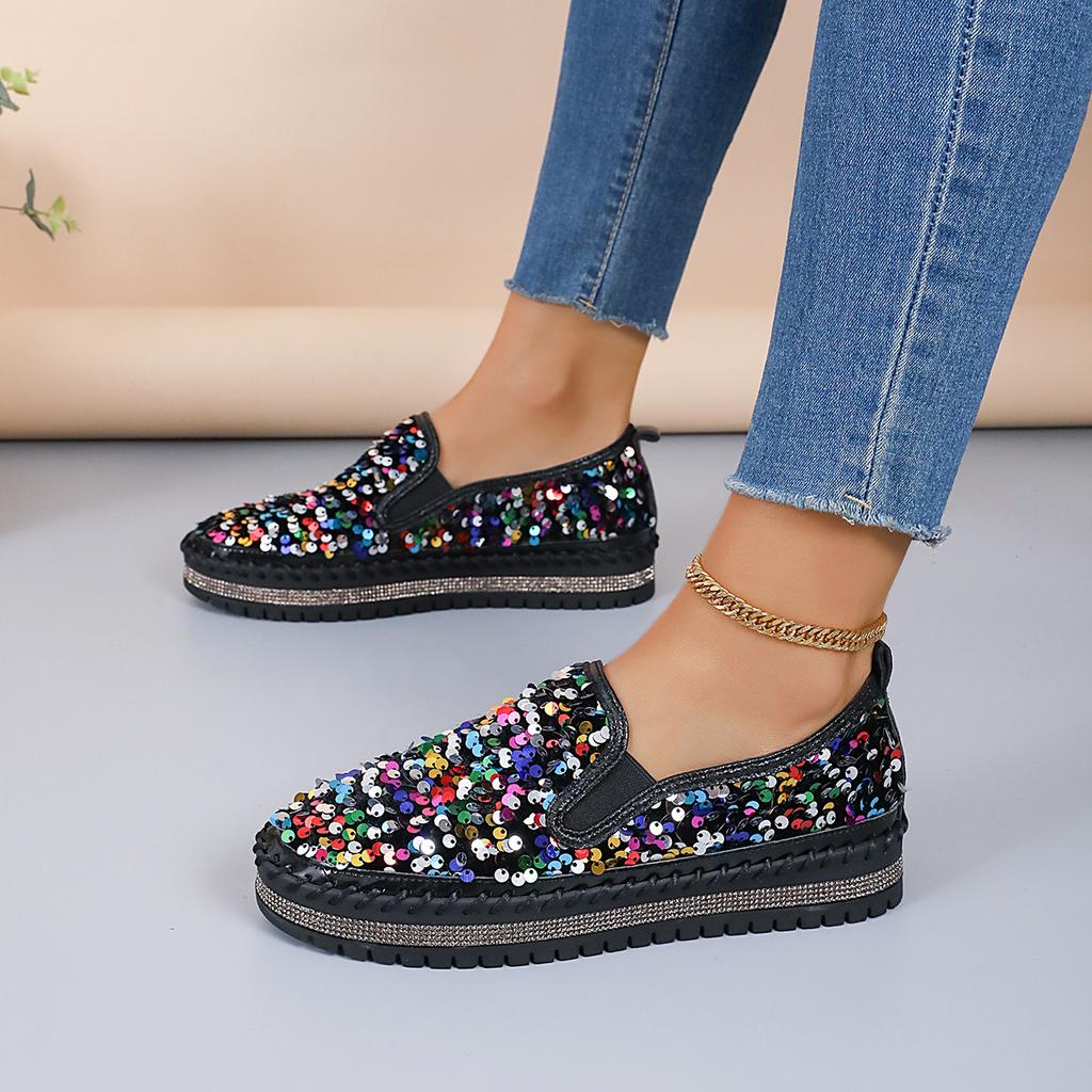 Women's Plus Size Spring Round Toe Flat Sequined Color Block Casual Shoes