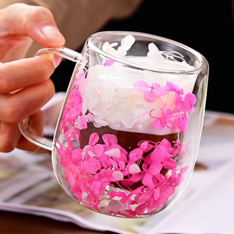Double Wall Glass Cup 200ml Clear Dried Flowers Milk Tea Coffee Mug with Handle Gifts Friends Home Water Cup Drinking Glasses