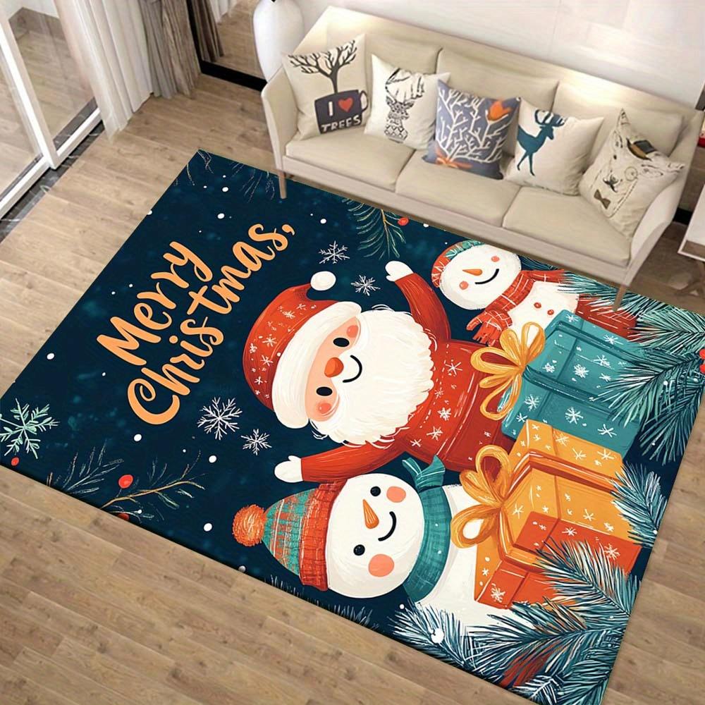 1pc Christmas Themed Rug, Santa Claus and Snowman Print, Bedside Carpet, Non slip Laundry Room Mat, Machine Washable Water Absorbing Entranc