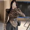 Leopard Print Irregular Long Sleeve Slimming Top for Women