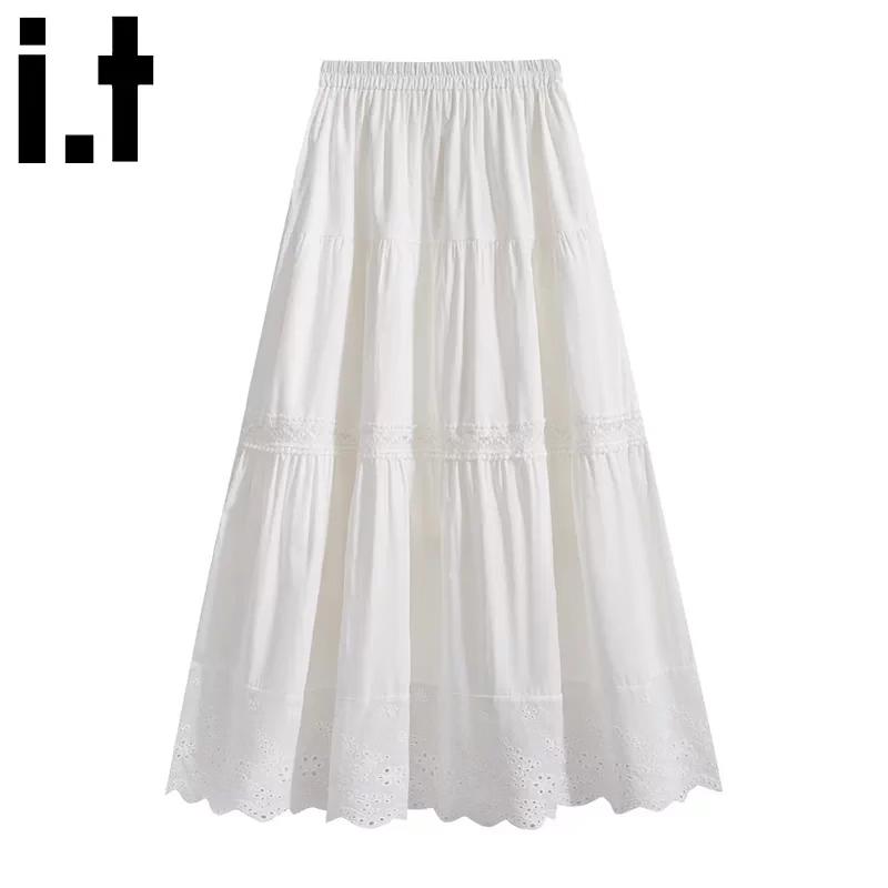 

Lace-Trim Pleated A-Line Midi Skirt L
