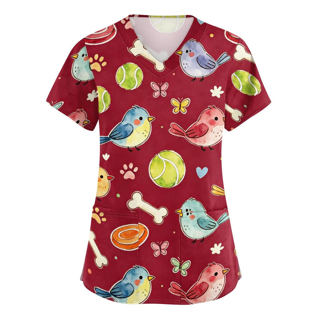Women's V Neck Short Sleeve Work Top with Pockets Animal Print Medical Scrub Shirt for Healthcare Professionals Comfortable Fit