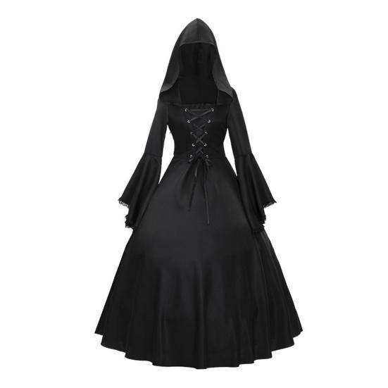 Dámské gotické šaty čarodějnice s kapucí, vintage středověké viktoriánské šaty, halloweenská renesanční cosplay róba na maškarní večírky, hraní rolí