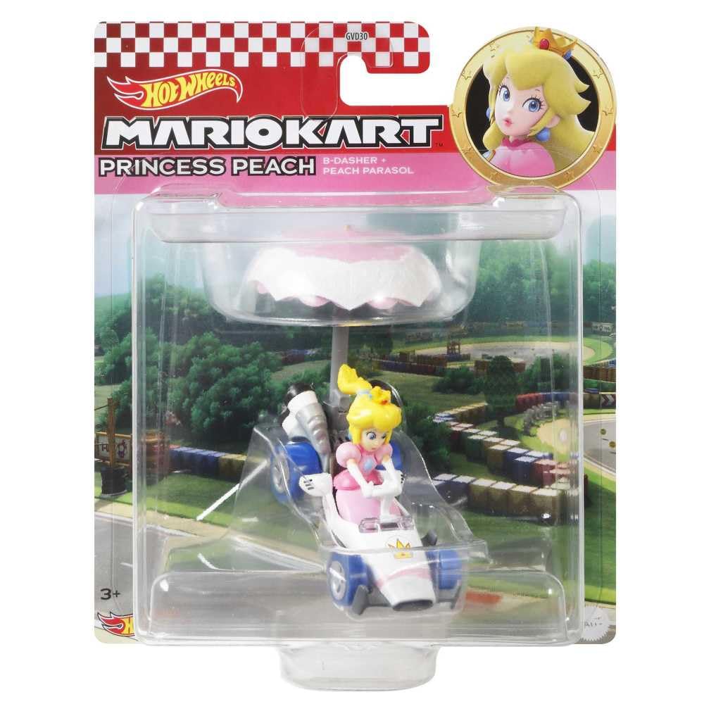 Hot Wheels Diecast Mario Kart Prinzessin Peach B Dasher Kart mit Pfirsich-Sonnenschirm und Gleiter