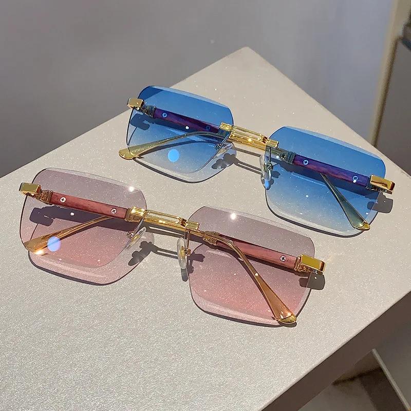 Popular Vintage Rimless Square Sunglasses Women For Men Sun Glasses Punk Pink Shade Luxurious Brand Designer Metal Material Eyeglasses UV400
