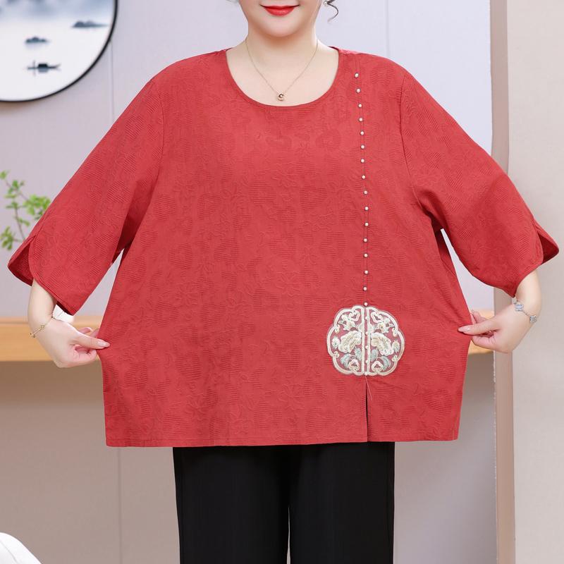 Women's Plus Size Chinese Embroidery Top – 3/4 Sleeve Round Neck Textured Blouse (Sizes 3XL-8XL) for Middle-Aged Ladies