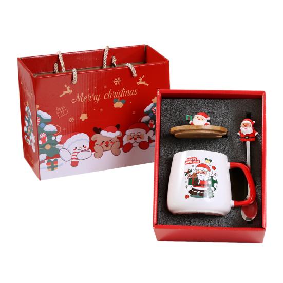 Christmas Gift Mug with Lid Spoon Santa Claus Reindeer Ceramic Cup Keeps Drinks Warm
