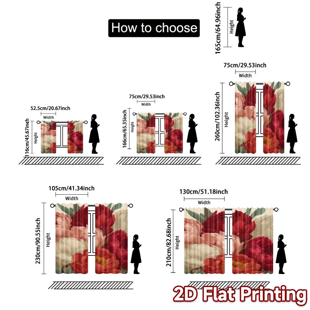 2D FLAT PRINTING 2pcs Curtains (Without Rod) Floral Peony Arrangement Modern Fashionable Curtainments during the Valentine is