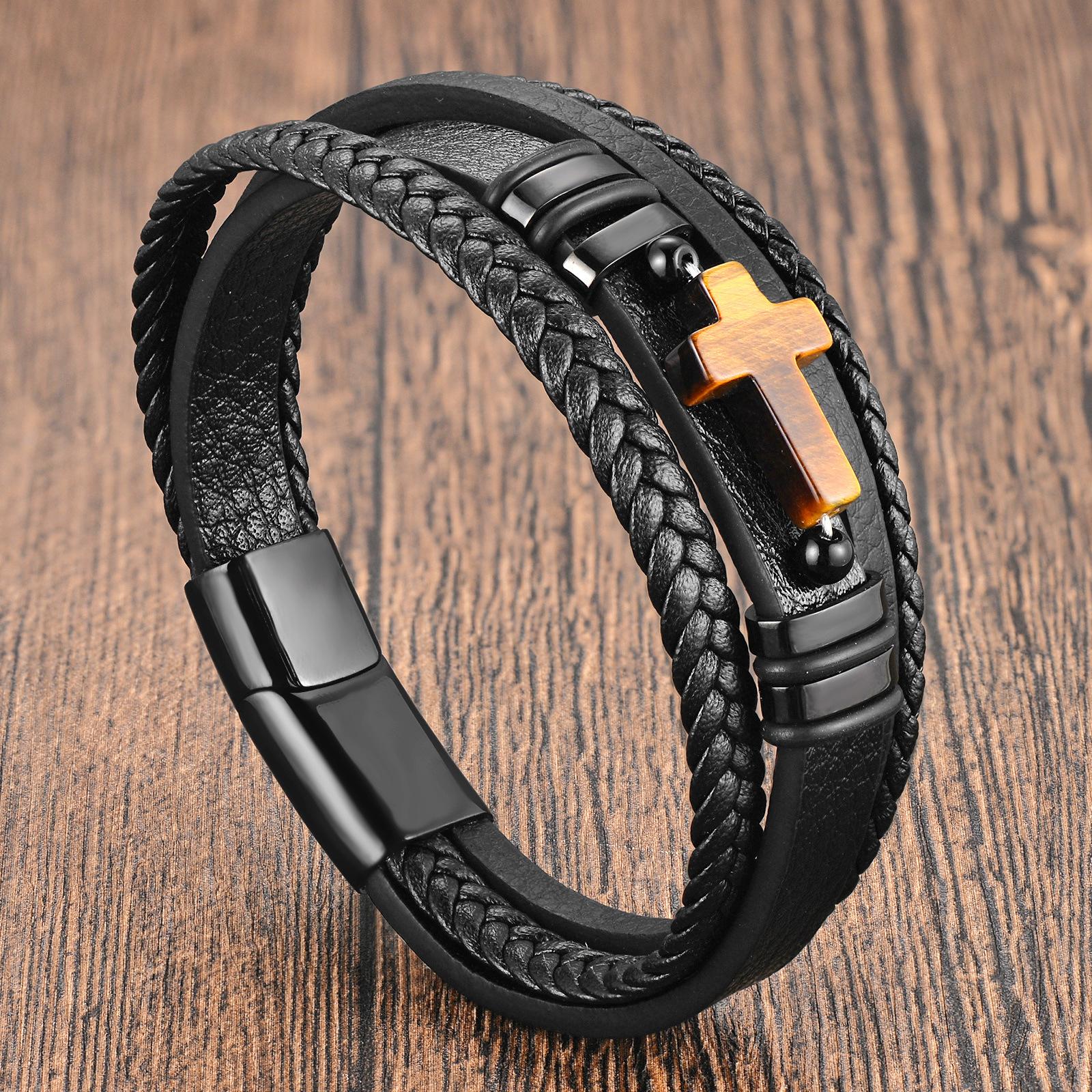 

Black Leather Rope Cowhide Men s Double Layer Natural Stone Leather Woven Bracelet Cross Leather Bracelet 2026 21CM