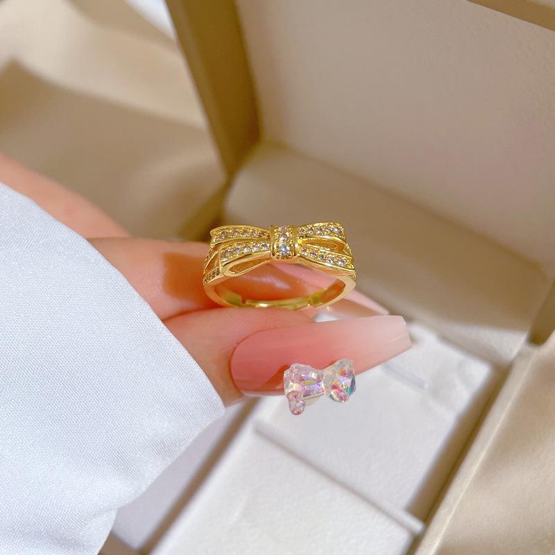 Real Gold Electroplated Open Ring, Women'S Fashion Bow, Light Luxury Ring, Index Finger Ring, The Same Cold Style