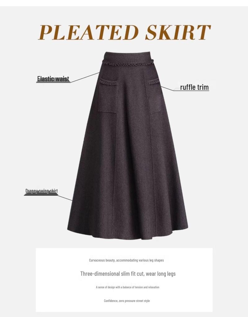 Knitted Woolen A-Line Midi Skirt - Thick, Pleated, and Slimming for Autumn/Winter