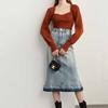 Literature and Art Vintage Solid Color Square Neck T-Shirt Women's Autumn and Winter Loose Slim Long Sleeve Sweater