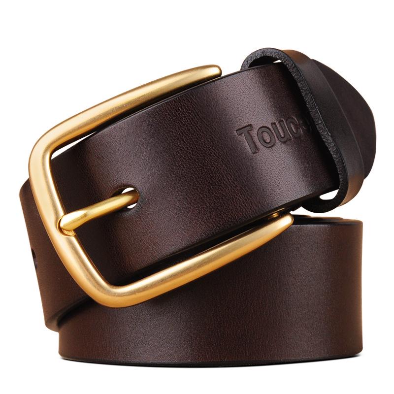 Pánský retro pásek z vrchní vrstvy hovězí kůže s masivní mosaznou kolíčkovou přezkou