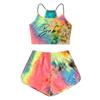 Womens Sleeveless Strappy Short Tie-dye Print Cami Belt Top And Pants Suit