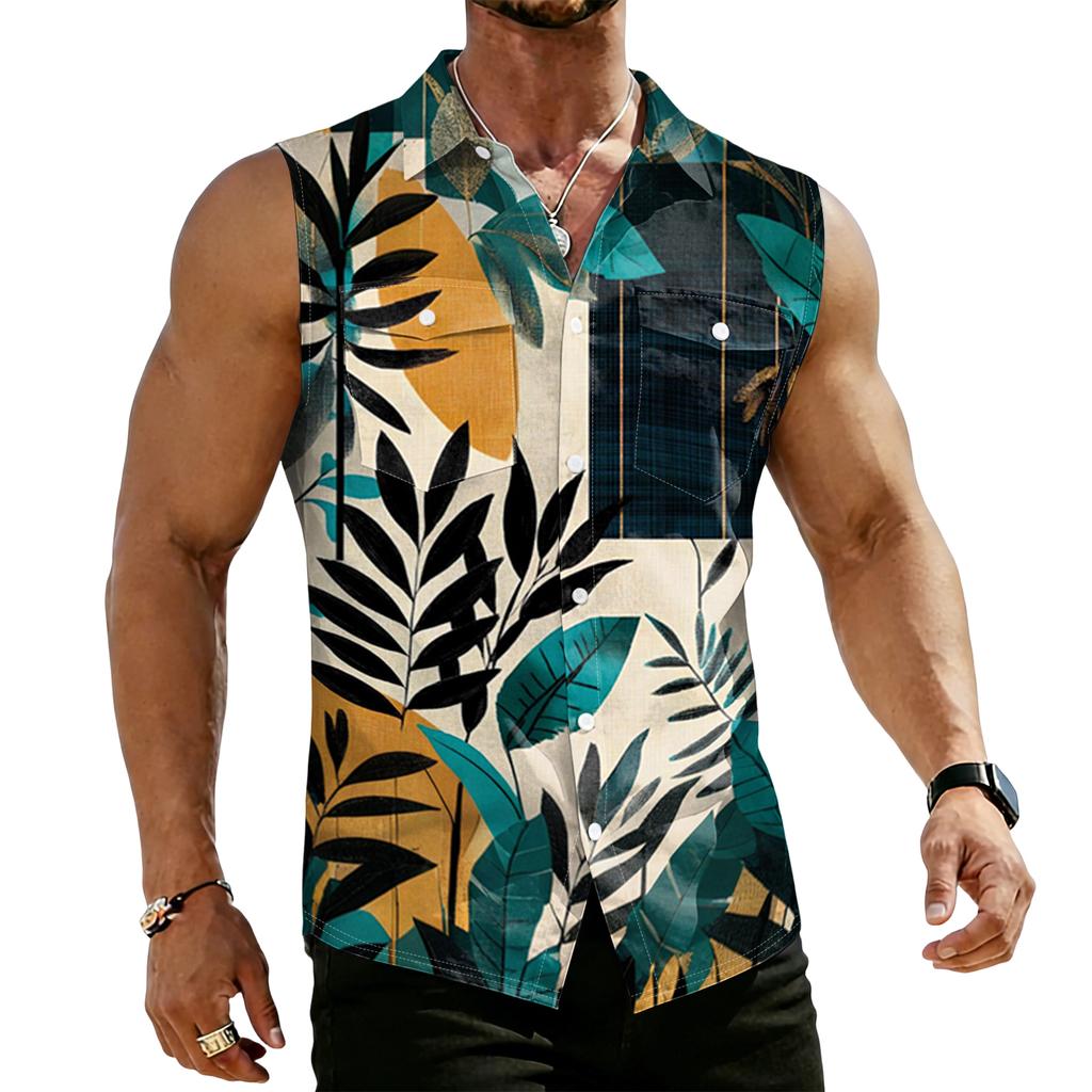 Men's Workwear Lapel Button-Down Vest Shirt - Lightweight Sleeveless Top