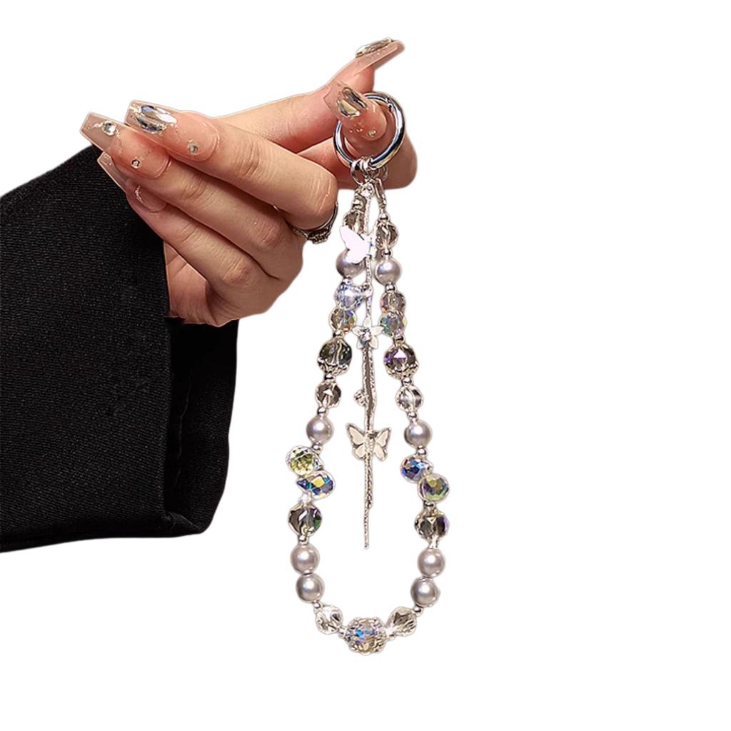 Butterfly Phone Case Chain Handmade Bead Phone Hanging Rope Keychain Light Luxury Pearl Crystal INS Style Lanyard Accessories 1