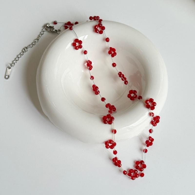 Dark Red Crystal Beads Flower Titanium Steel Clavicle Chain Girls Sweet Holiday Necklace Festival Gifts for Women