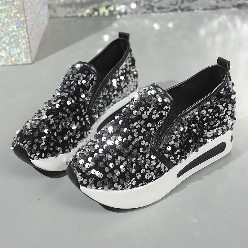 Fashion Silver Glitter Chunky Platform Comfort Sneakers Women 2025 Autumn Thick Bottom Loafers Slip-On Height Increasing Casual Shoes 42