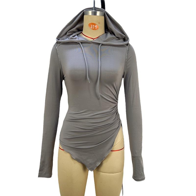 Women's Drawstring Ruffle Irregular Slim Hooded Top