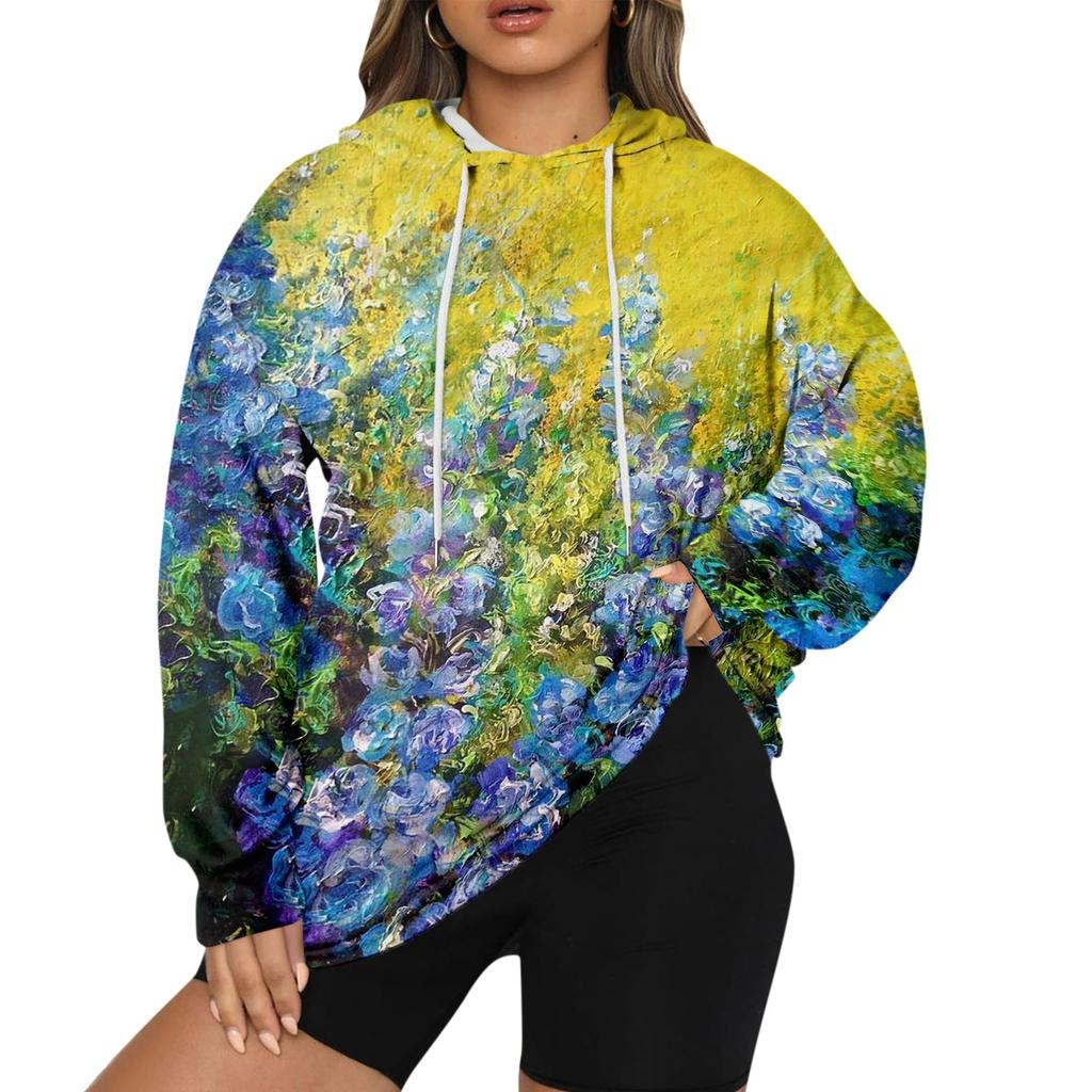 Women Plus Size Pullover Hoodie Flower Print Long Sleeve Hooded Sweatshirt