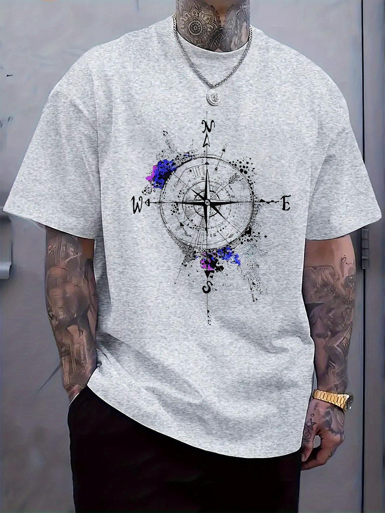 Black Graphic Tshirt with Compass Design - Casual Crew Neck M