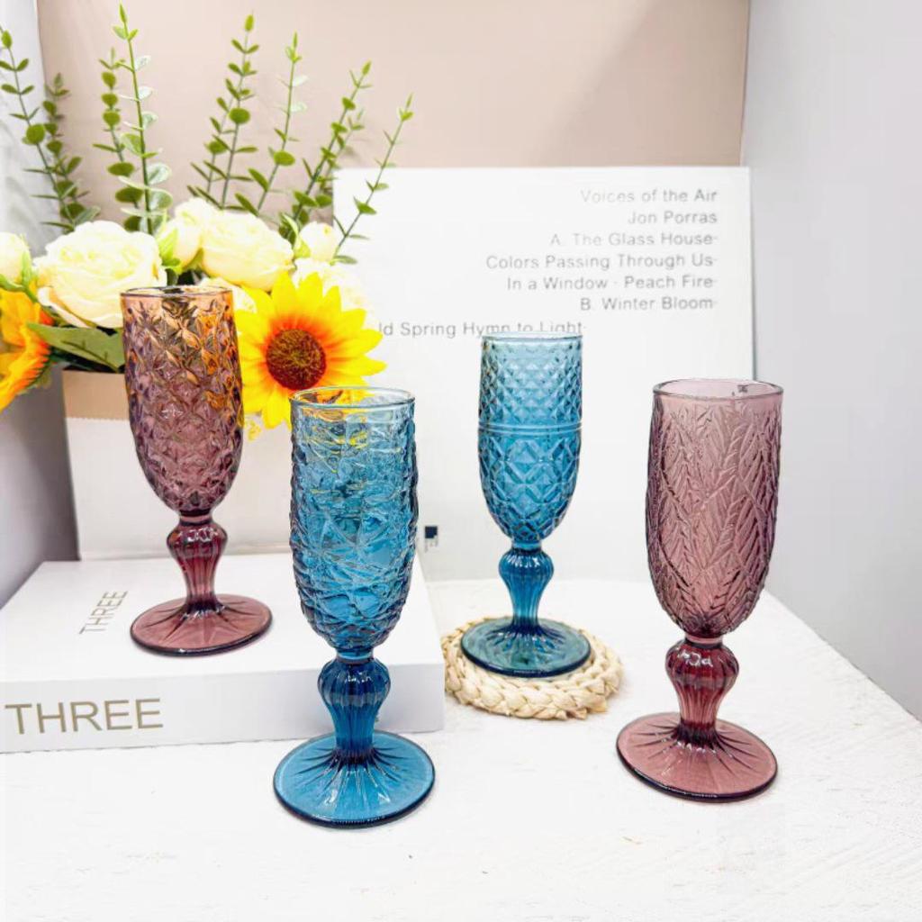 Vintage Embossed Colored Glass Goblet – Luxury Thickened Bubble Wine Glass