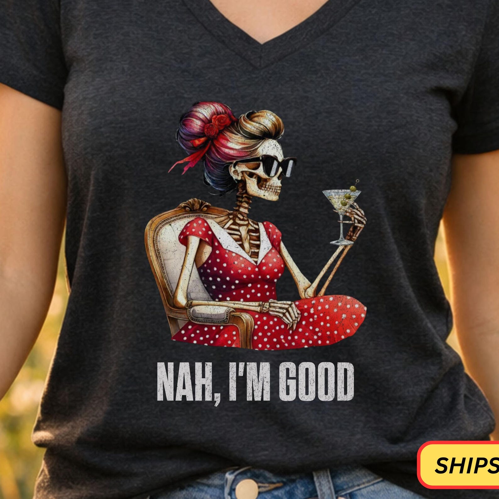 Snarky Female Skeleton Saying NAH, I M GOOD V-Neck Tee S