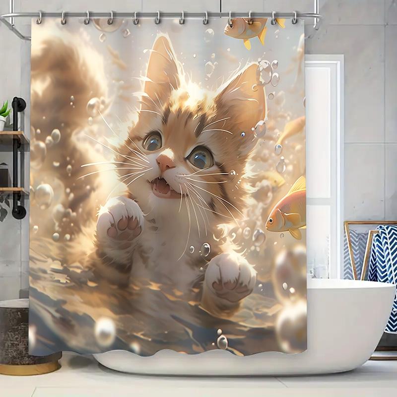 

Cute Cat And Fish Shower Curtain For Bathroom Decoration - Creative And Fun Design For Home Improvement Waterproof Durable W60H190(CM)-1 Pcs