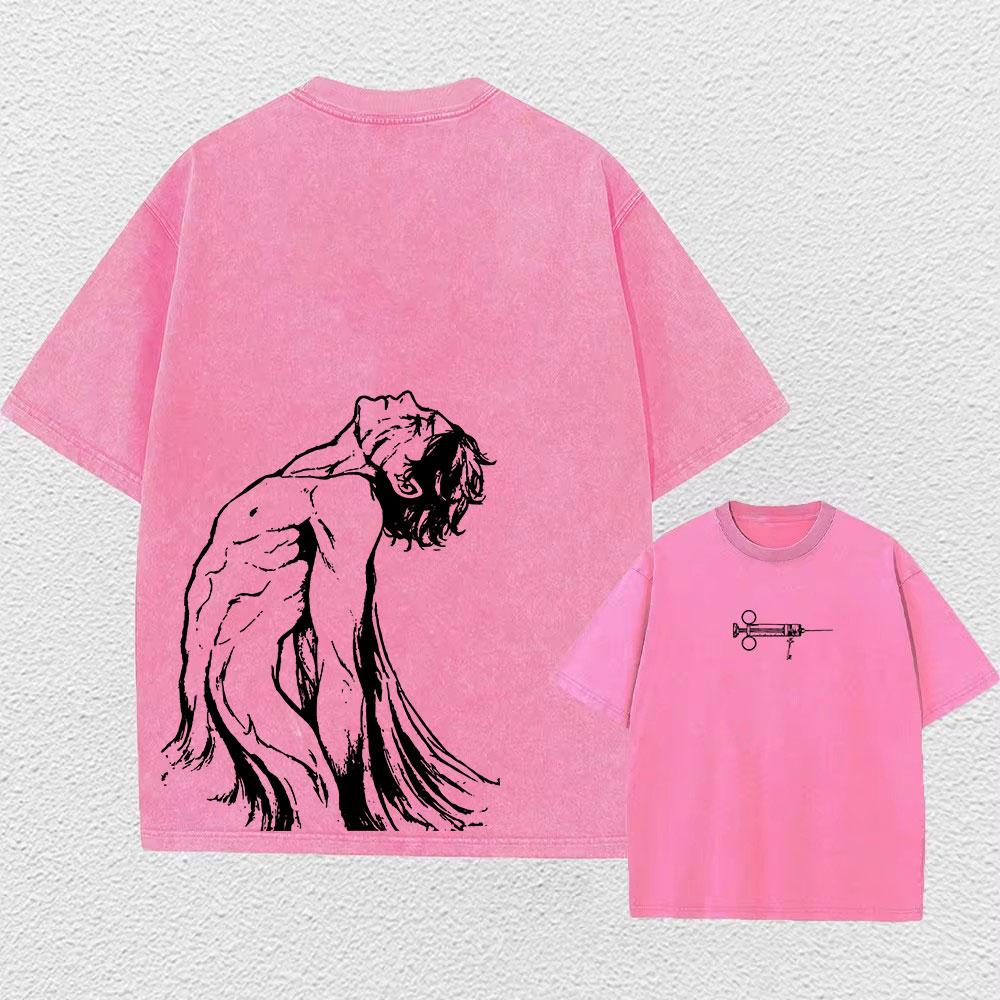 Colored Washed T-shirt Printed Retro Harajuku Top with Anime Attack Titan Graphics Neutral Summer Cotton Loose